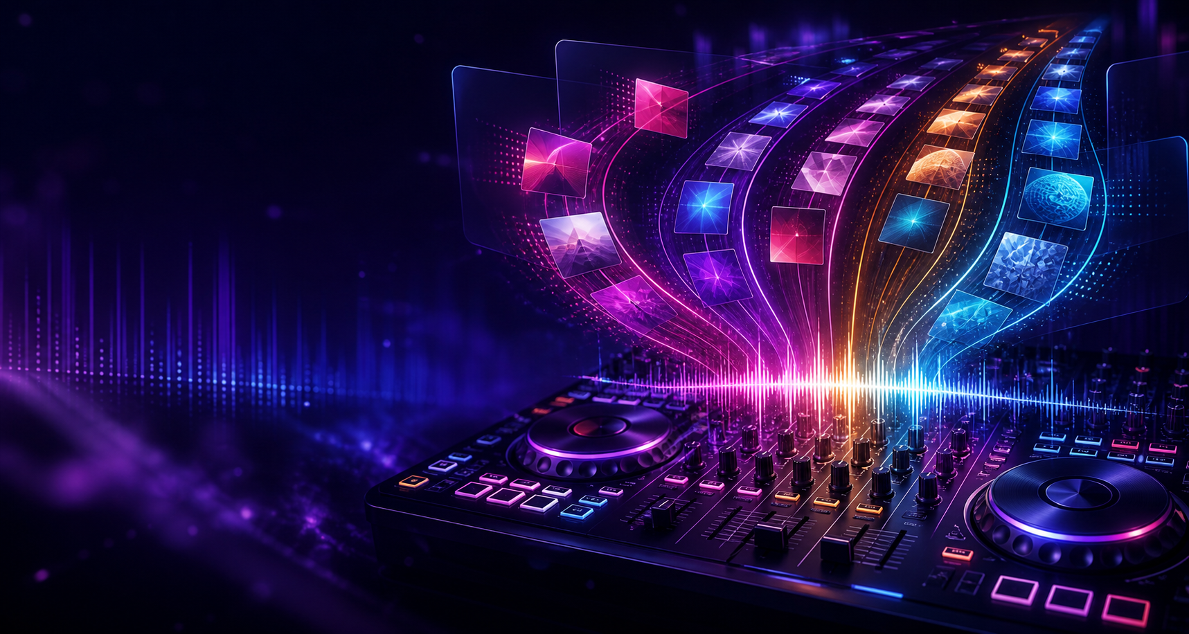 Playlists flowing into a colorful DJ mix