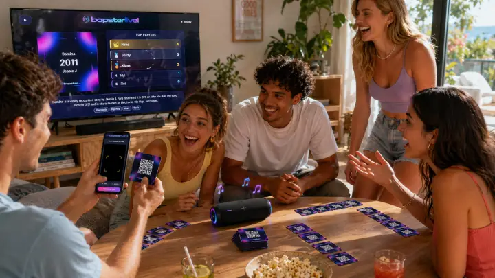 Freunde spielen Bopster Live Together mit Smartphones, QR-Karten und Bopster Big Screen auf dem Fernseher