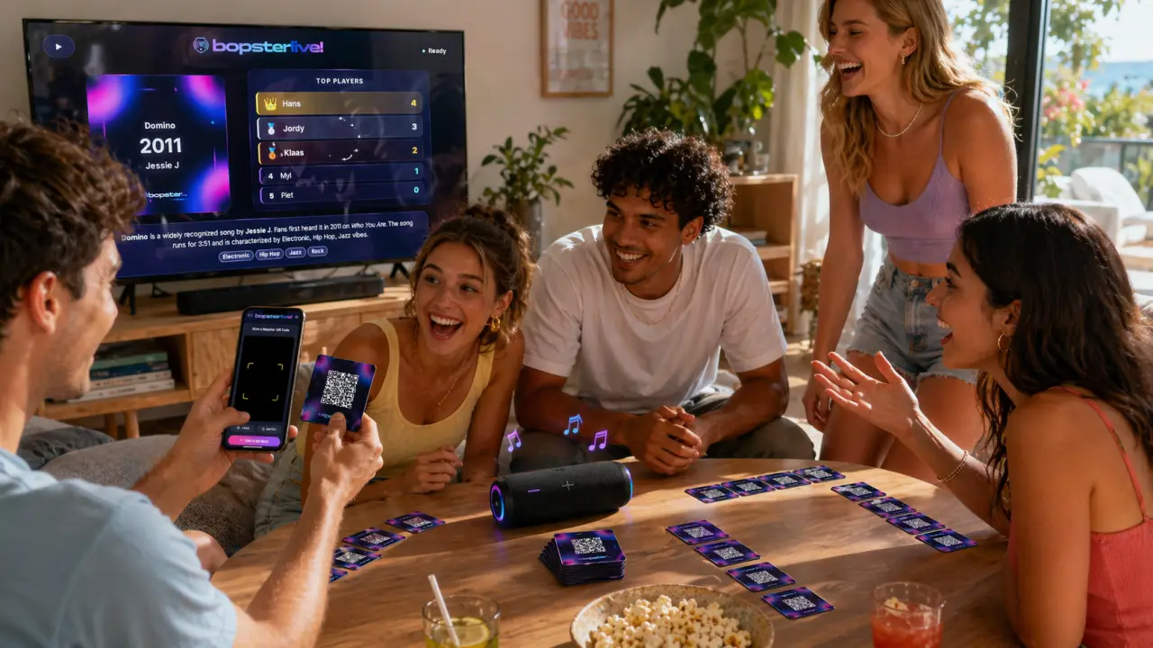 Friends playing Bopster Live Together with phones, QR cards and Bopster Big Screen on a TV