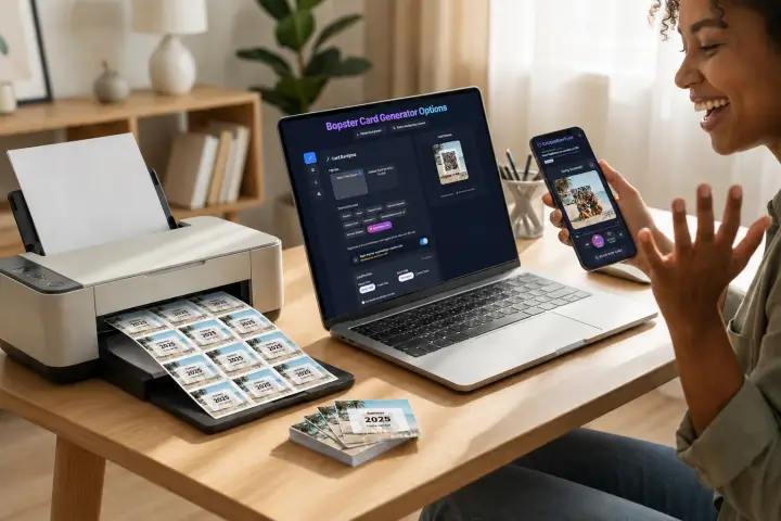 Printed Bopster cards next to a laptop running the Card Designer