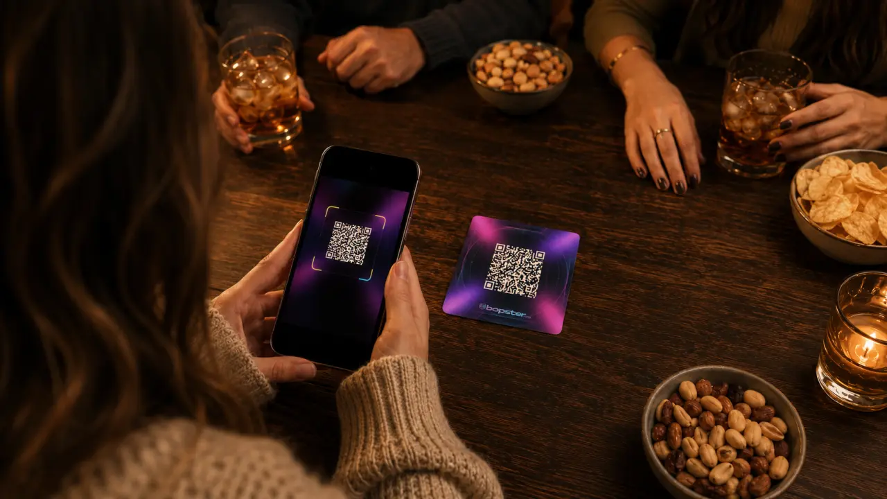 Phone scanning a Bopster QR music card on a table during a game night